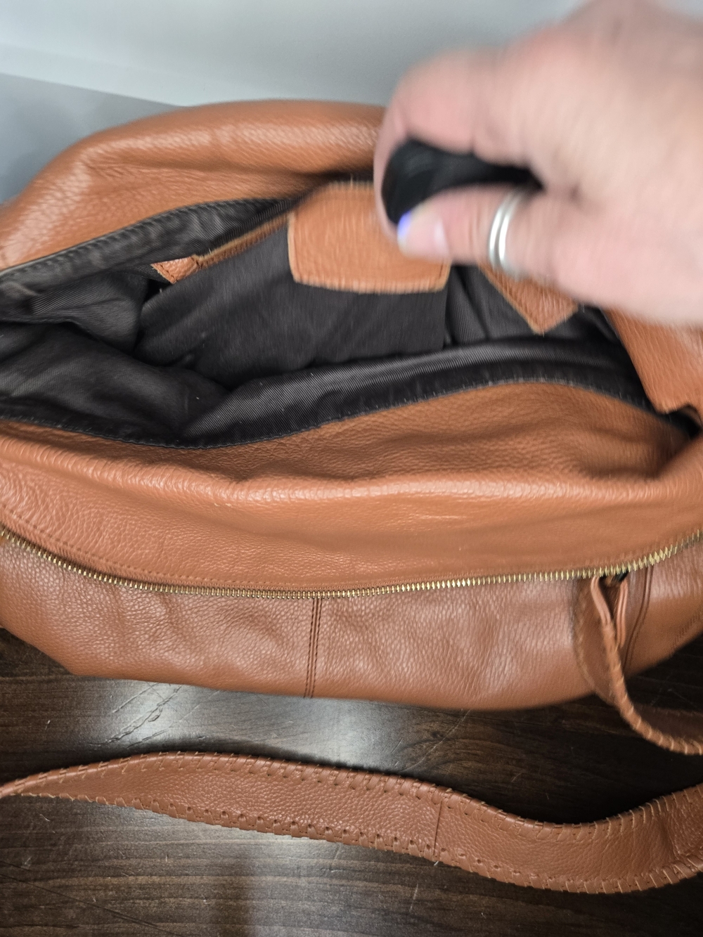 Genuine Leather Tassel Shoulder Hobo Bag in Cognac Tan - Picture 6 of 9